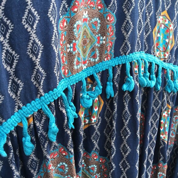 Southern Stitch Tunic Mini Dress Womens XXL Navy Print Tassels Boho Flowy - Picture 3 of 12